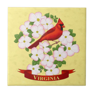 Azulejo De Cerâmica Virginia State Cardinal Bird e Dogwood Flower