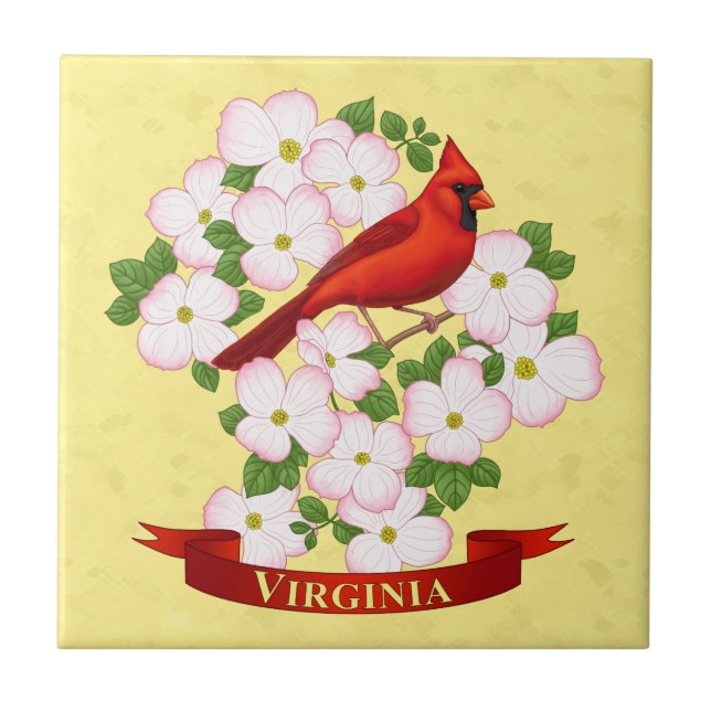Azulejo De Cerâmica Virginia State Cardinal Bird e Dogwood Flower (Frente)
