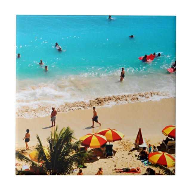 Azulejo De Cerâmica Visão Elevada Da Cena De Praia De Waikiki, Honolul (Frente)