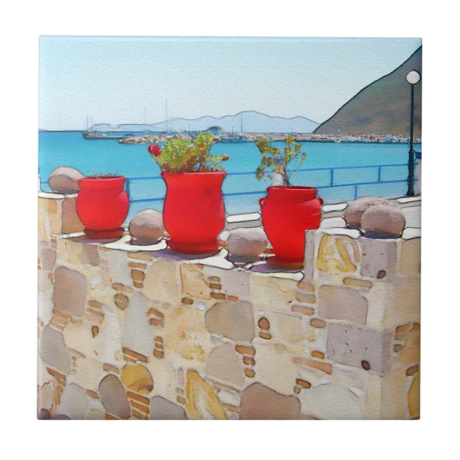 Azulejo De Cerâmica Vista do mar de aquarelas (Frente)