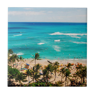 Azulejo De Cerâmica Vista Elevada da Cena da Praia de Waikiki, Honolul