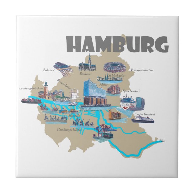 Azulejo De Cerâmica Vista geral do mapa de Hamburgo (Frente)