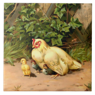 Azulejo De Cerâmica Vitoriana Era Hen & Baby Chickens, Por L. Pitar