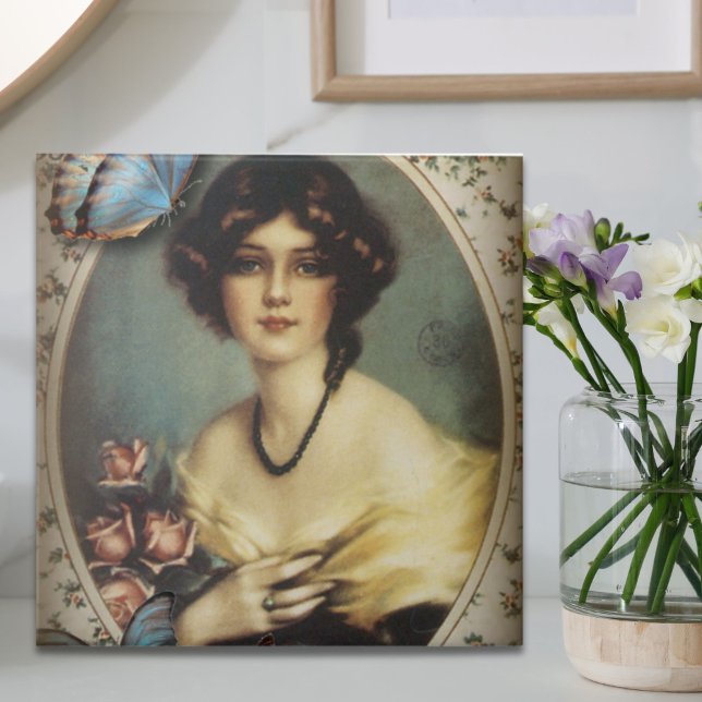 Azulejo De Cerâmica vitoriano floral da moda parisiense retrô (retro parisian fashion floral victorian ceramic tile)
