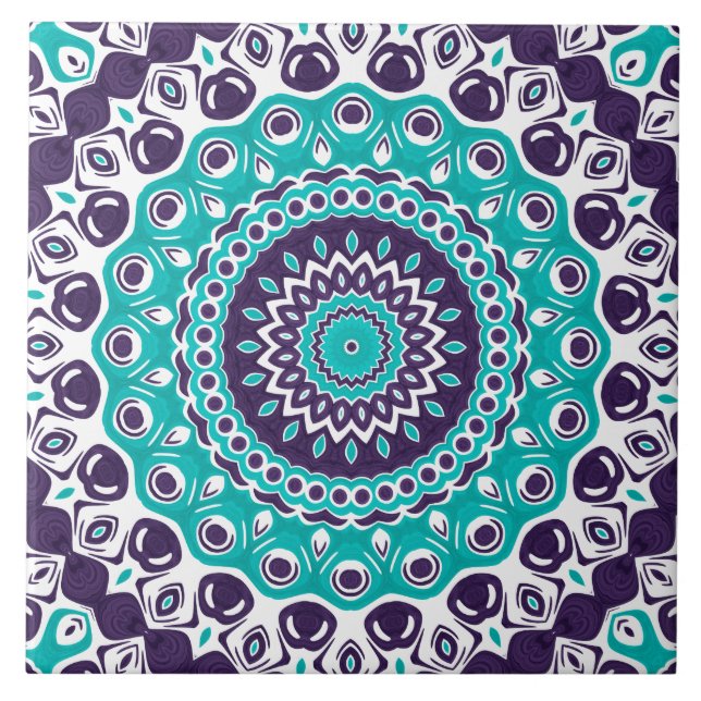 Azulejo De Cerâmica Vivid Turquoise and Plum Mandala Pattern (Frente)