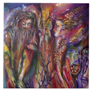 Azulejo De Cerâmica VIVIEN E MERLIN Arthurian Legend Watercolor