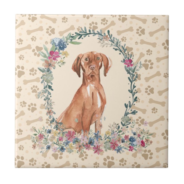 Azulejo De Cerâmica Vizsla Húngara Paw Dog Imprime o Beige Floral Cute (Frente)