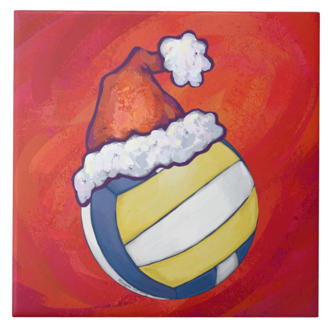 Azulejo De Cerâmica Voleibol com chapéu de Natal (Frente)