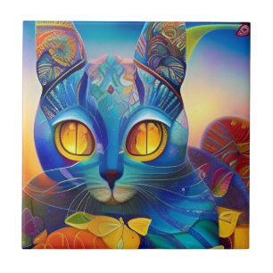 Azulejo De Cerâmica Vozes de gatinho abstrato azul-mosaico de gato