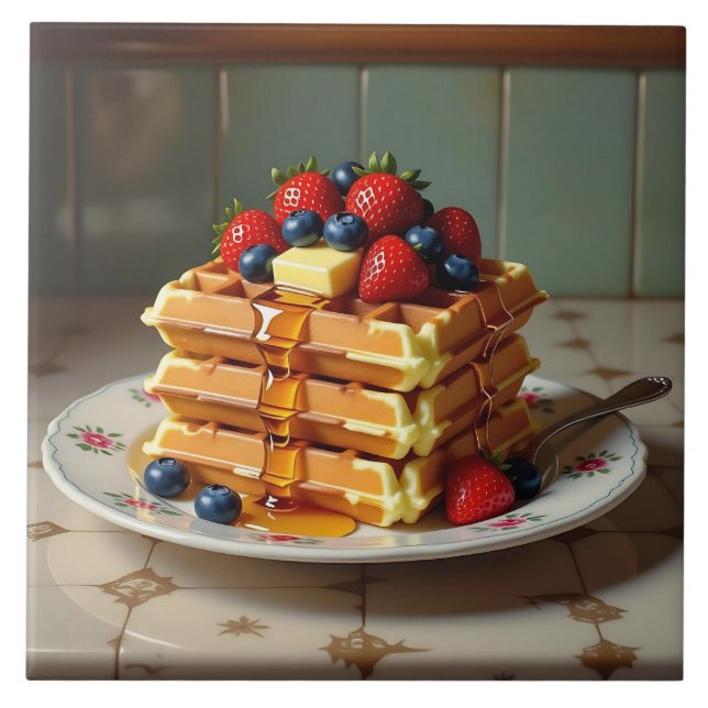 Azulejo De Cerâmica Waffles com Morangos e Mirtilos (Frente)