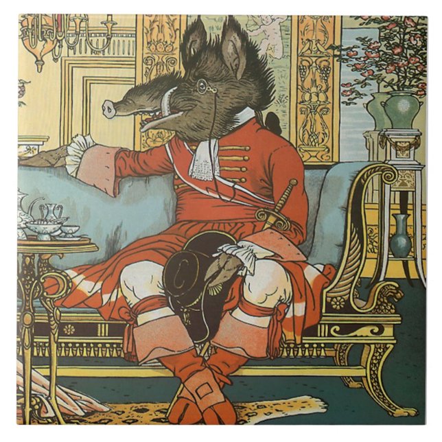 Azulejo De Cerâmica Walter Crane Beauty & Beast c1885 Repro Beast Azul (Frente)