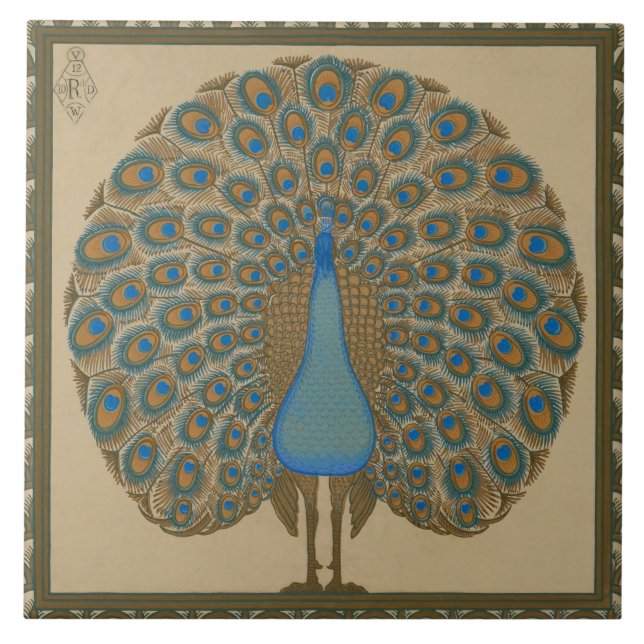 Azulejo De Cerâmica Walter Crane Blue Peacock com a cauda (Frente)