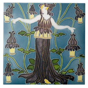 Azulejo De Cerâmica Walter Crane Columbine Arte Nova Flor Roxa