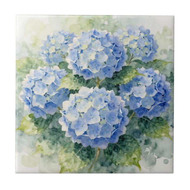 Azulejo De Cerâmica Watercolor Blue Hydrangea Bouquet (Frente)
