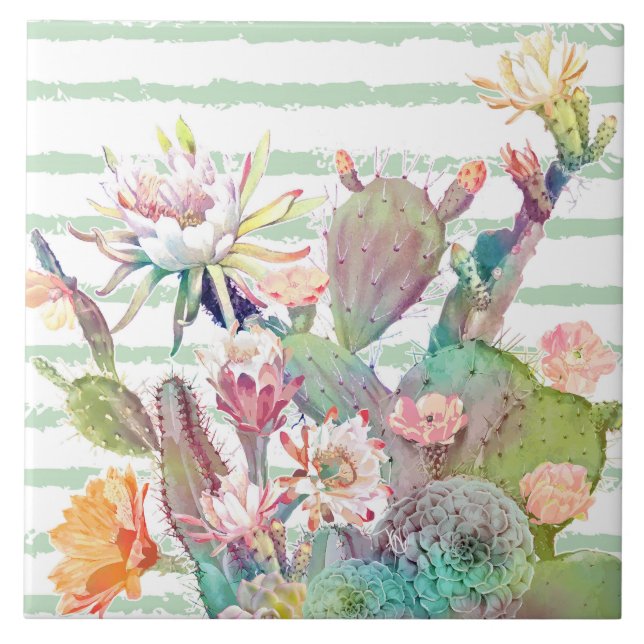 Azulejo De Cerâmica Watercolor Cactus Floral Striper Design (Frente)
