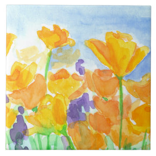 Azulejo De Cerâmica Watercolor California Poppy Flowers