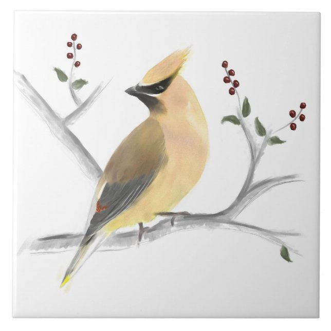 Azulejo de cerâmica Watercolor Cedar Waxwing (Frente)