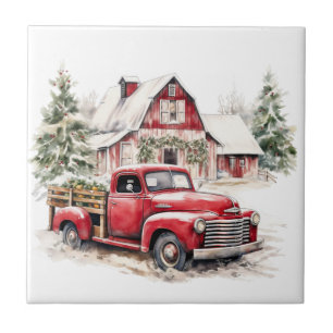 Azulejo De Cerâmica Watercolor Christmas Vintage Truck and Barn