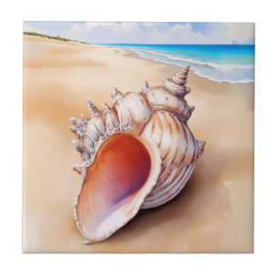 Azulejo De Cerâmica Watercolor Conch Shell na Praia