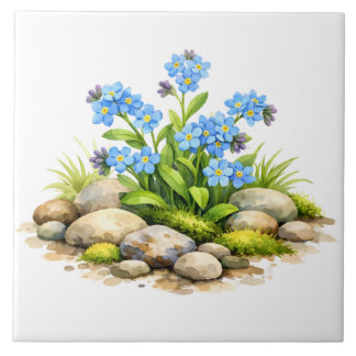 Azulejo De Cerâmica Watercolor Forget Me Not Flowers by the Rocks