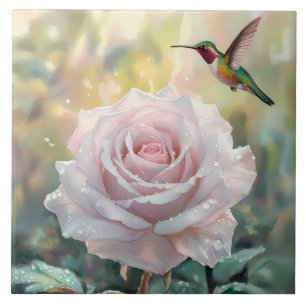 Azulejo De Cerâmica Watercolor Hummingbird e rosa rosa-rosa