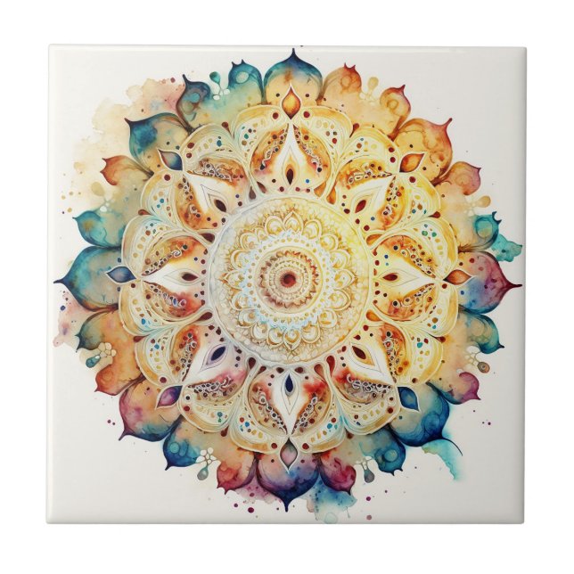 Azulejo De Cerâmica Watercolor Mandala (Frente)