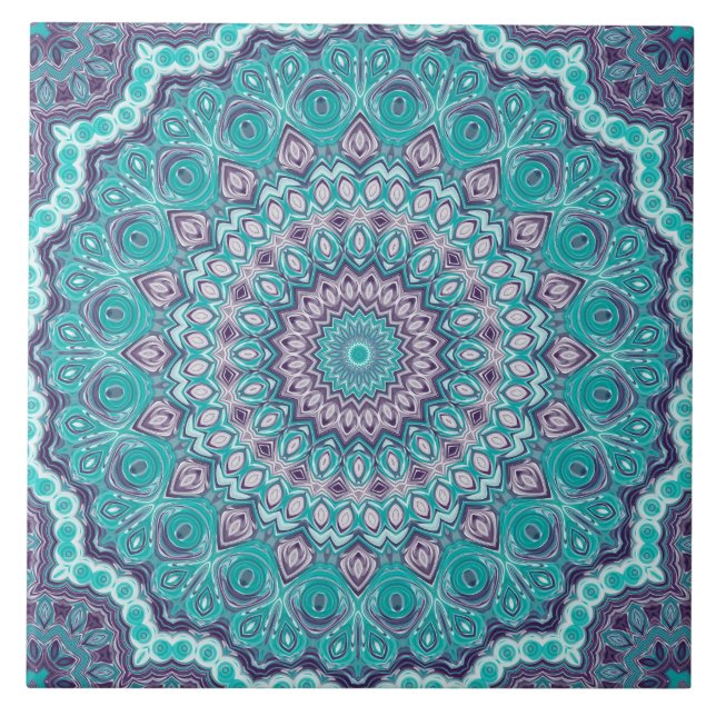 Azulejo De Cerâmica Watercolor Mandala em Teal e Roxo (Frente)