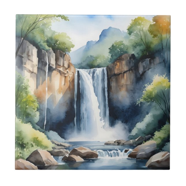 Azulejo De Cerâmica Watercolor painted waterfall (Frente)