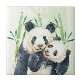 Azulejo De Cerâmica Watercolor Panda Bears Mãe e Bebê em Bambu