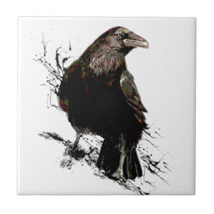Azulejo De Cerâmica Watercolor Raven Bird Art