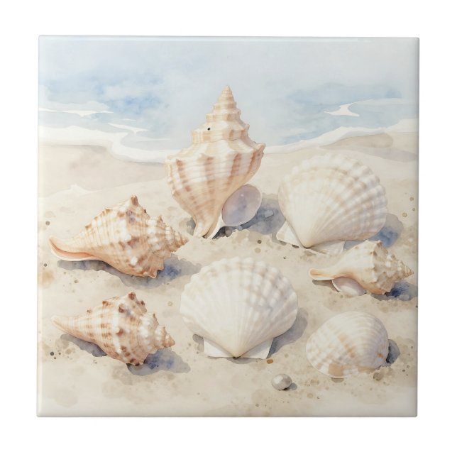 Azulejo De Cerâmica Watercolor Seashells Beach Scene (Frente)