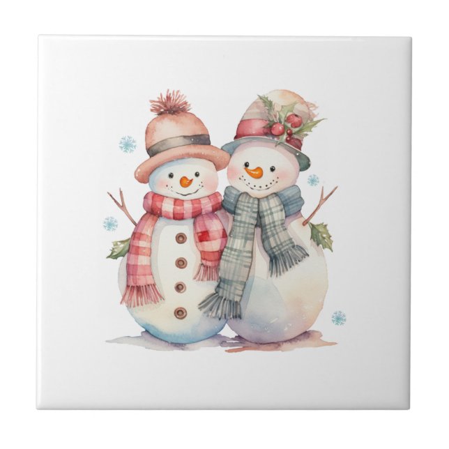 Azulejo De Cerâmica Watercolor Snowman (Frente)