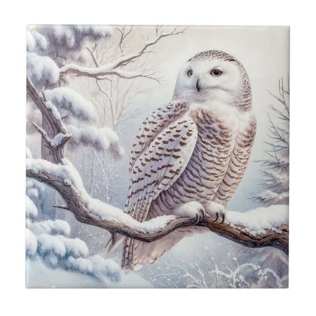 Azulejo De Cerâmica Watercolor Snowy Owl (Frente)