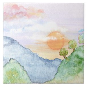 Azulejo De Cerâmica Watercolor Sunset sobre Montanhas e Árvores 