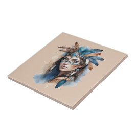Azulejo De Cerâmica Watercolor Tribal Beauty: Espírito da Arte Boêmia
