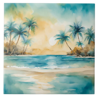 Azulejo De Cerâmica Watercolor Tropical Beach Sunset