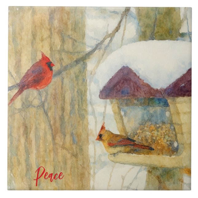Azulejo De Cerâmica Watercolor Winter Cardinals (Frente)