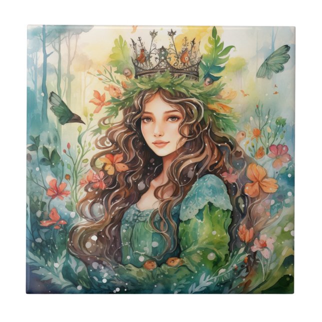 Azulejo De Cerâmica Watercolour Forest Princess (Frente)