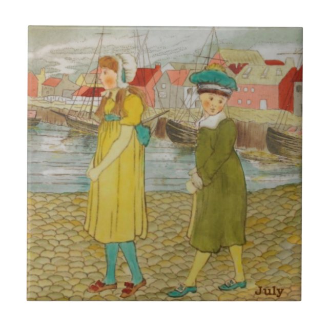 Azulejo De Cerâmica Wedgwood Julho Colorido Mão c1885 Repro (Frente)