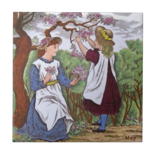 Azulejo De Cerâmica Wedgwood May Apple Blossoms Girls c1885 Repro