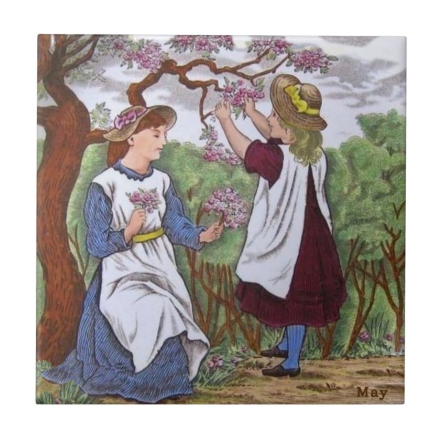 Azulejo De Cerâmica Wedgwood May Apple Blossoms Girls c1885 Repro (Frente)