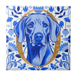 Azulejo De Cerâmica Weimaraner peering thru the letter "O" in Gold