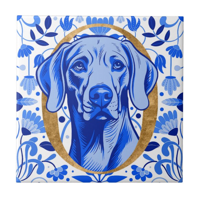 Azulejo De Cerâmica Weimaraner peering thru the letter "O" in Gold (Frente)