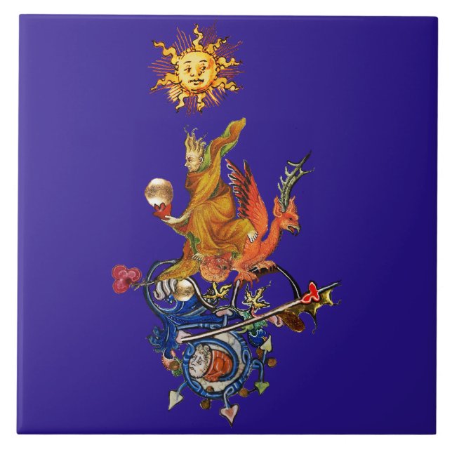Azulejo De Cerâmica WEIRD MEDIEVAL BESTIARY,ALCHEMIST,RED DRAGON,Blue (Frente)