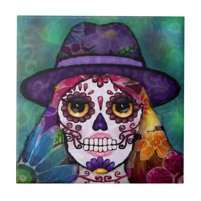 Azulejo De Cerâmica Whimsical Abstract Floral Hippie Sugar Skull (Frente)