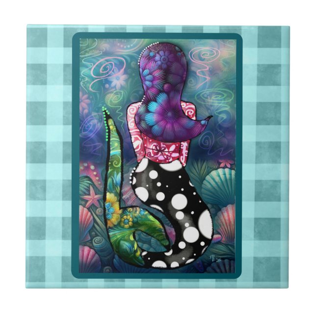 Azulejo De Cerâmica Whimsical Abstract Mermaid Nautical Teal Seashells (Frente)