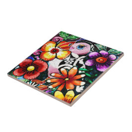 Azulejo De Cerâmica Whimsical Abstract Puffin Bird In Flowers