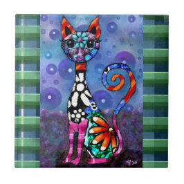 Azulejo De Cerâmica Whimsical Big-Eyed Funky Abstract Kitty Cat