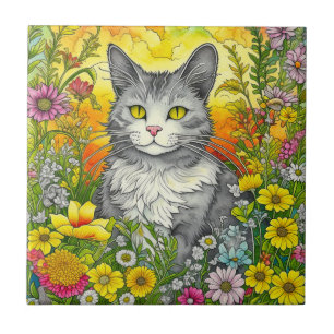 Azulejo De Cerâmica Whimsical Cat and Flowers
