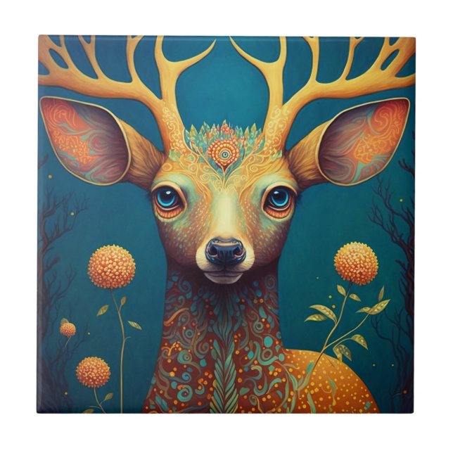 Azulejo De Cerâmica Whimsical Deer Fantasy Art (Frente)